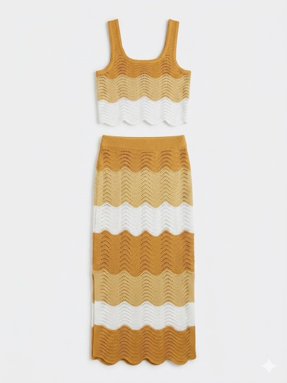 Boho Crochet 2 Piece Set Knit Maxi Skirt Crop Top Co Ord Chevron Matching M L S - Picture 5 of 7